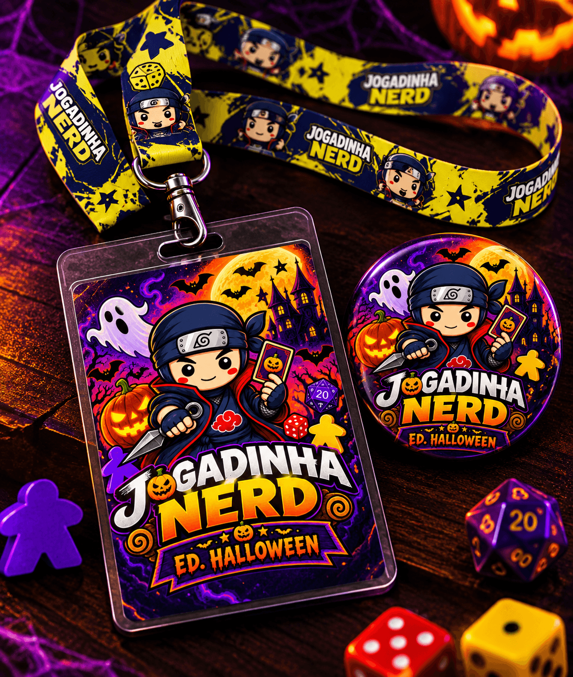 Kit Halloween da Jogadinha Nerd com credencial, crachá e brinde